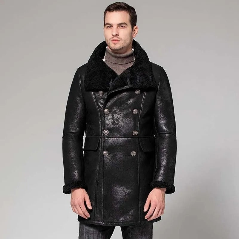 Nouveau manteau long en peau de mouton noir B3 pour homme