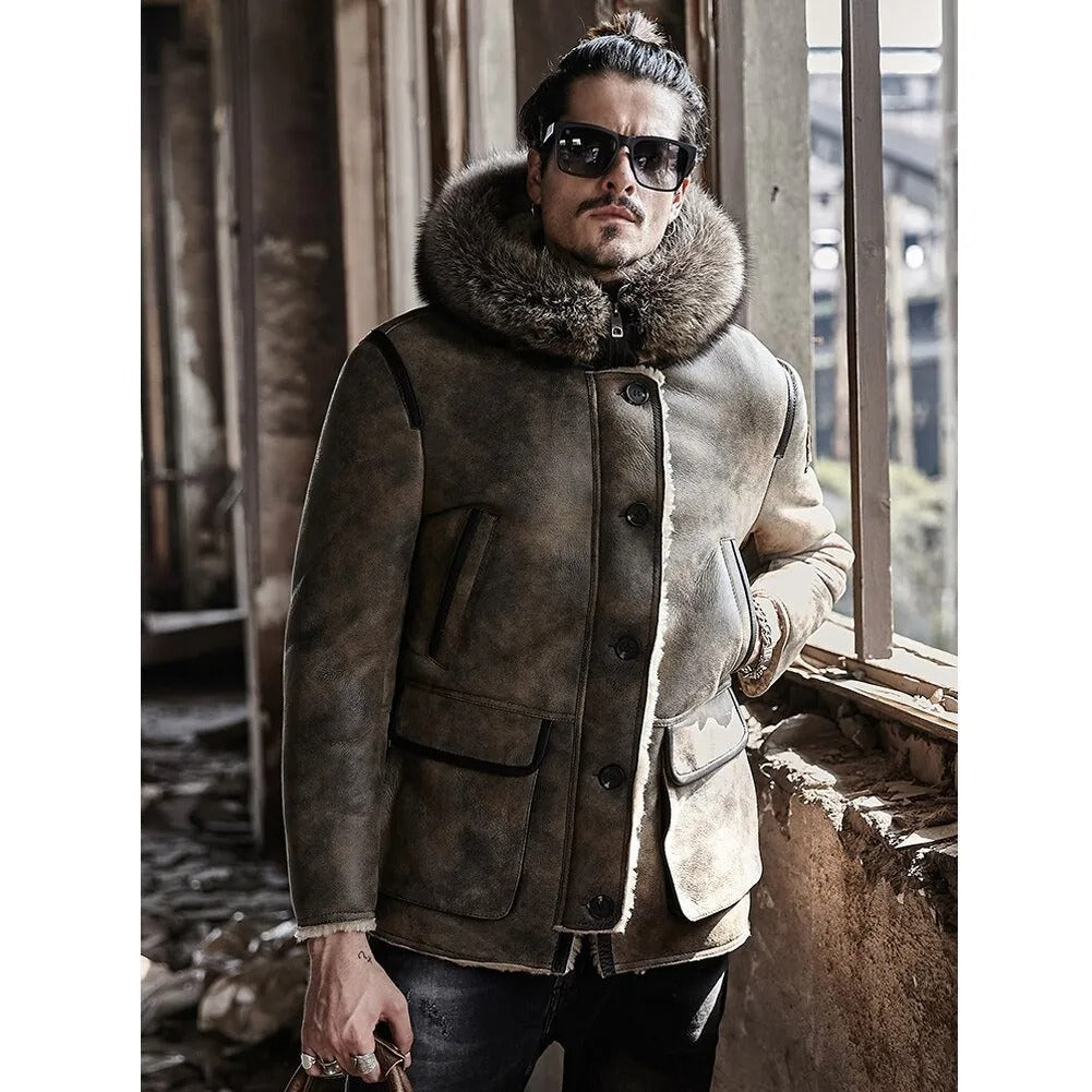 Nouveau manteau en peau de mouton à capuche pour homme avec col en fourrure de raton laveur