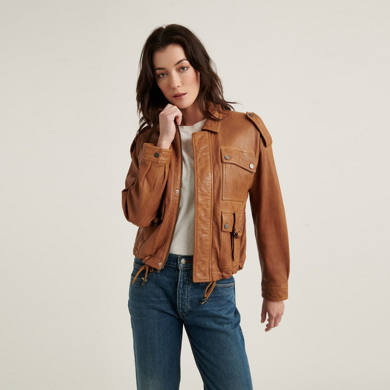 Nouvelle veste en cuir marron élégante pour femme