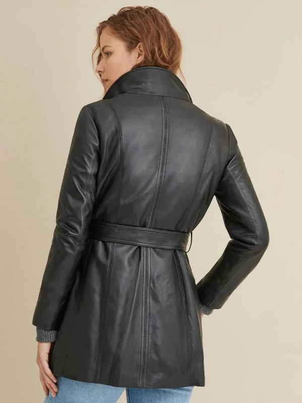 Manteau en cuir noir uni pour femme