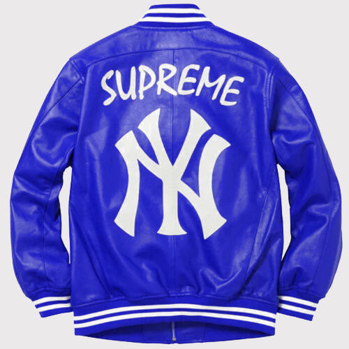 Veste en cuir universitaire NY Yankees Letterman - Bleu avec patchs logo