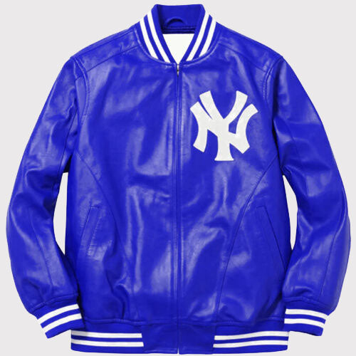 Veste en cuir universitaire NY Yankees Letterman - Bleu avec patchs logo