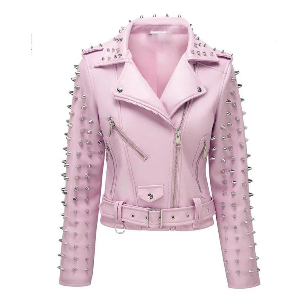 Veste en cuir à clous rose vif