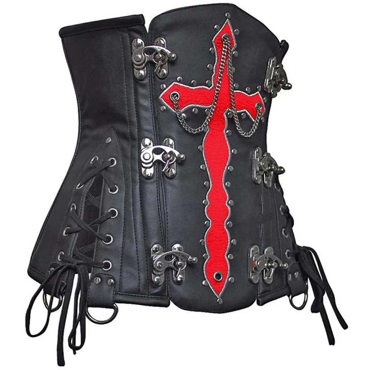 Corset sous-poitrine en similicuir noir avec croix de sang Olesya