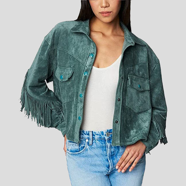 Veste chemise à franges en cuir suédé olive pour femme