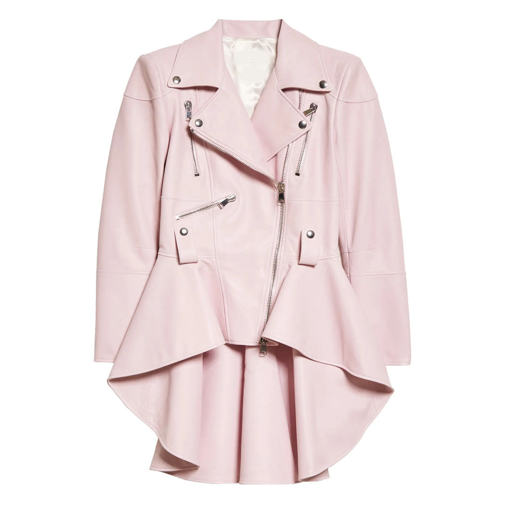 Veste en cuir rose chic à ourlet péplum pour femme