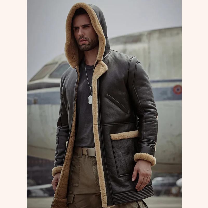 Manteau en cuir de mouton pour homme B7 Bomber avec capuche en marron foncé