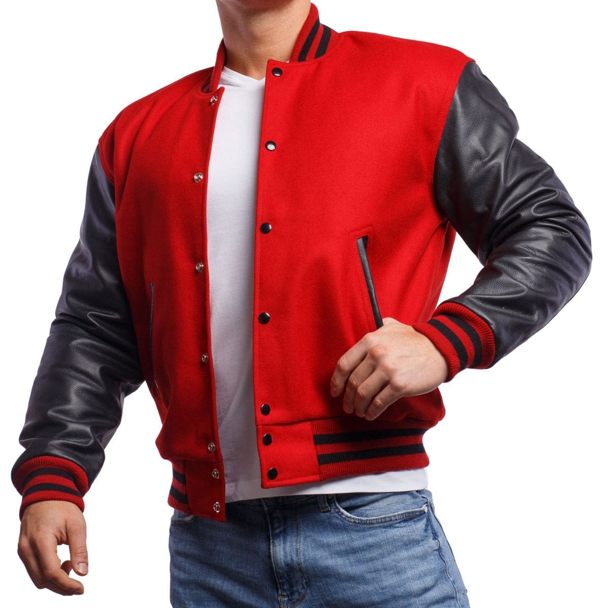 Veste en cuir rouge universitaire pour homme avec manches noires