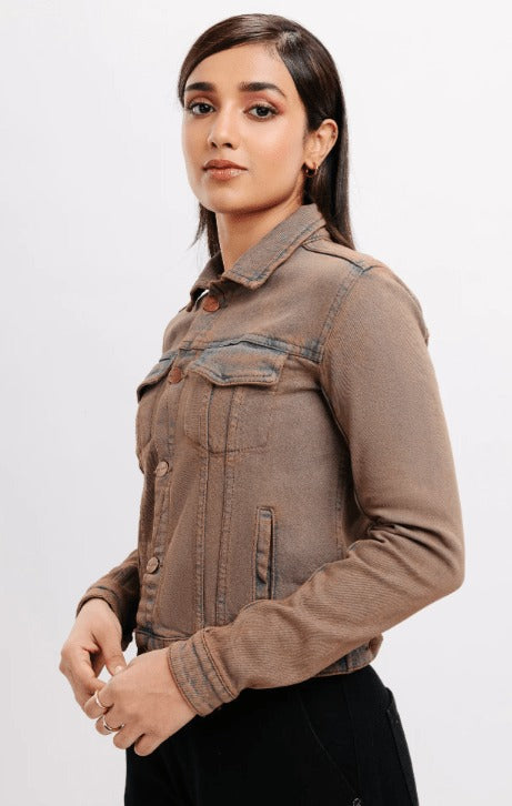 Veste camionneur en denim vieilli pour femme - Style décontracté marron