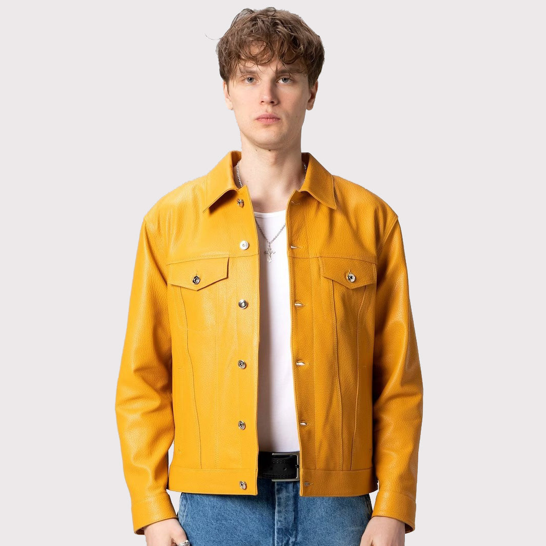 Veste de camionneur en cuir jaune de qualité supérieure pour hommes