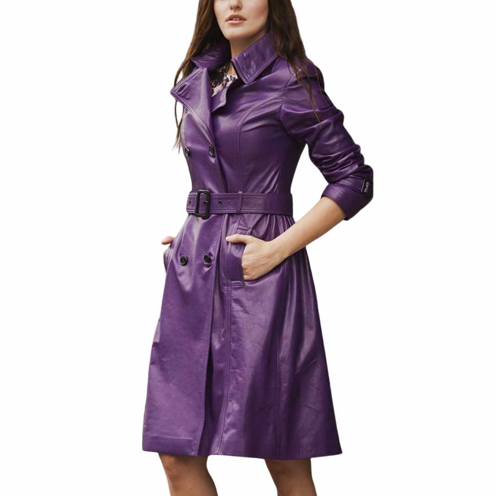 Trench-coat en cuir véritable coupe slim pour femme