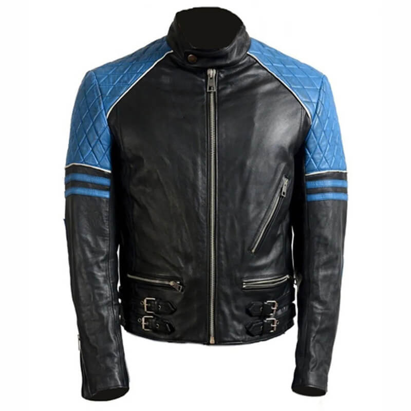 Veste de motard matelassée en cuir noir et bleu pour homme