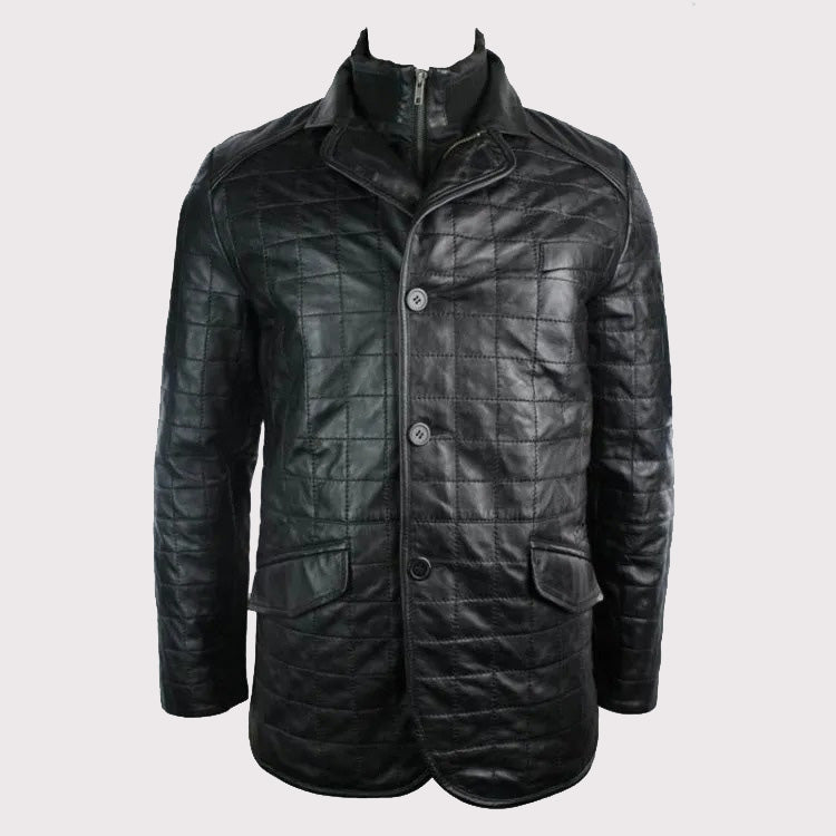 Quilted Celebrity Style Black Leather Blazer for Men