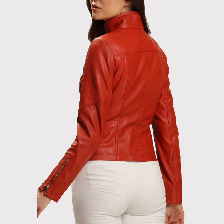 Superbe veste en cuir rouge vif pour femme