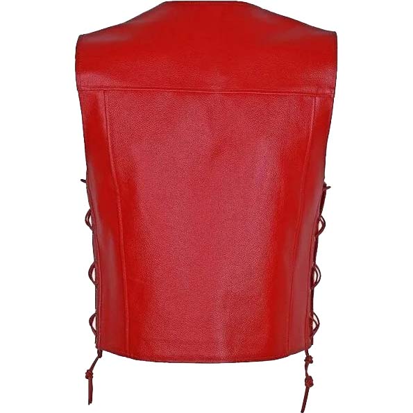 Gilet de motard en cuir rouge pour homme avec 10 poches