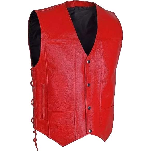 Gilet de motard en cuir rouge pour homme avec 10 poches