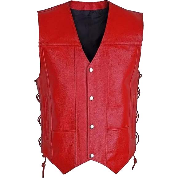 Gilet de motard en cuir rouge pour homme avec 10 poches