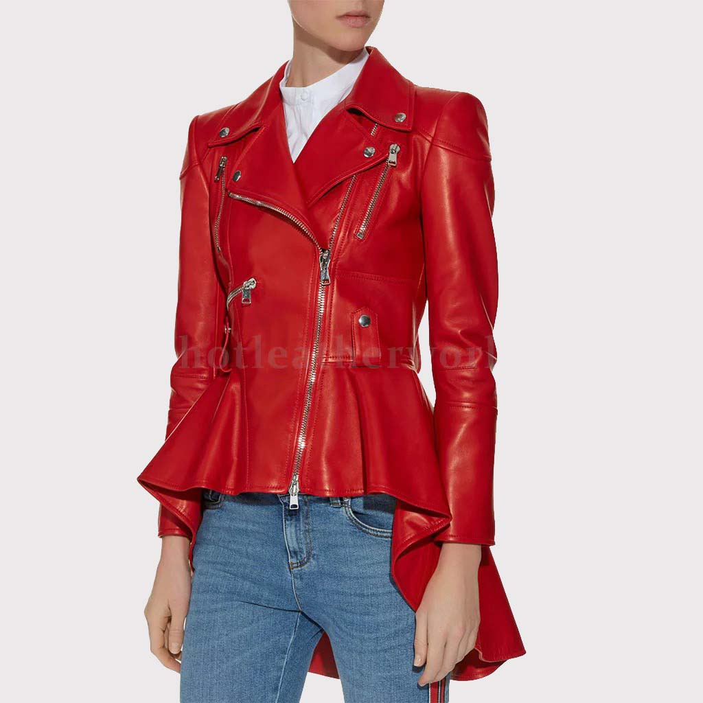 Veste en cuir rouge à basque pour femme