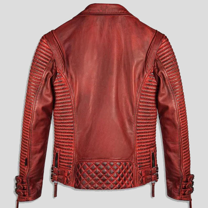 Veste de moto en cuir ciré rouge pour homme