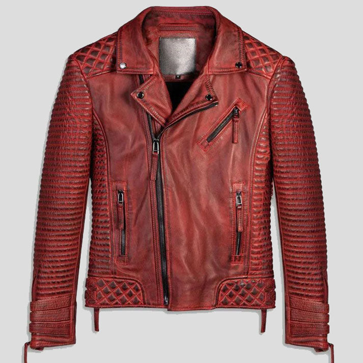 Veste de moto en cuir ciré rouge pour homme