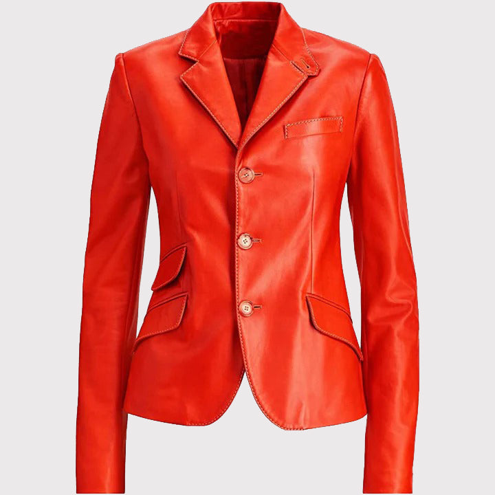 Manteau en cuir rouge pour femme avec doubles poches