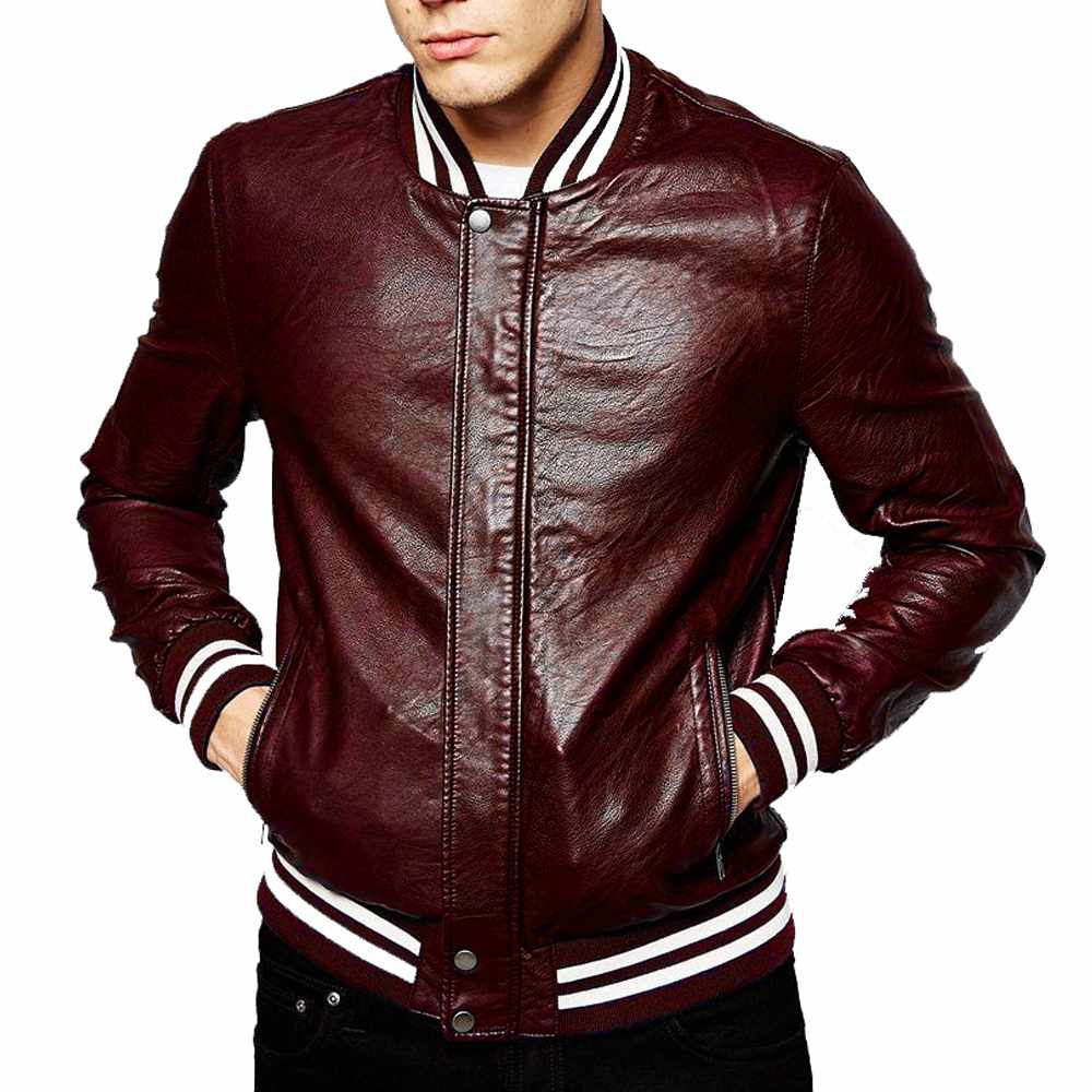 Veste universitaire coupe slim en cuir d'agneau véritable Letterman