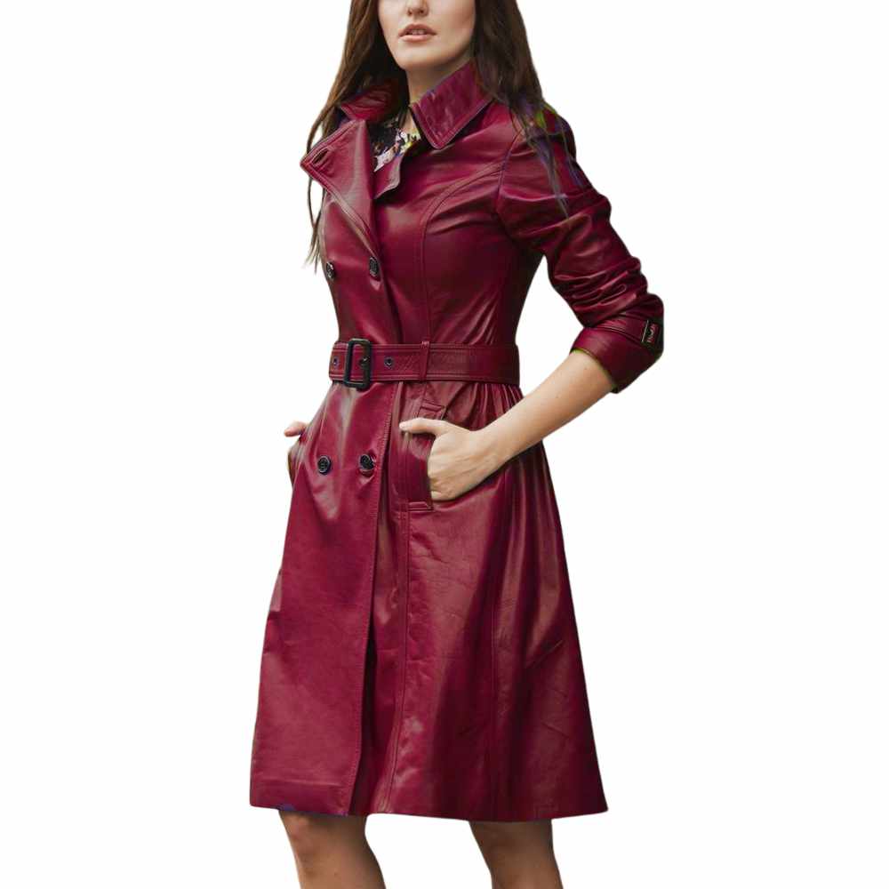 Trench-coat en cuir véritable coupe slim pour femme