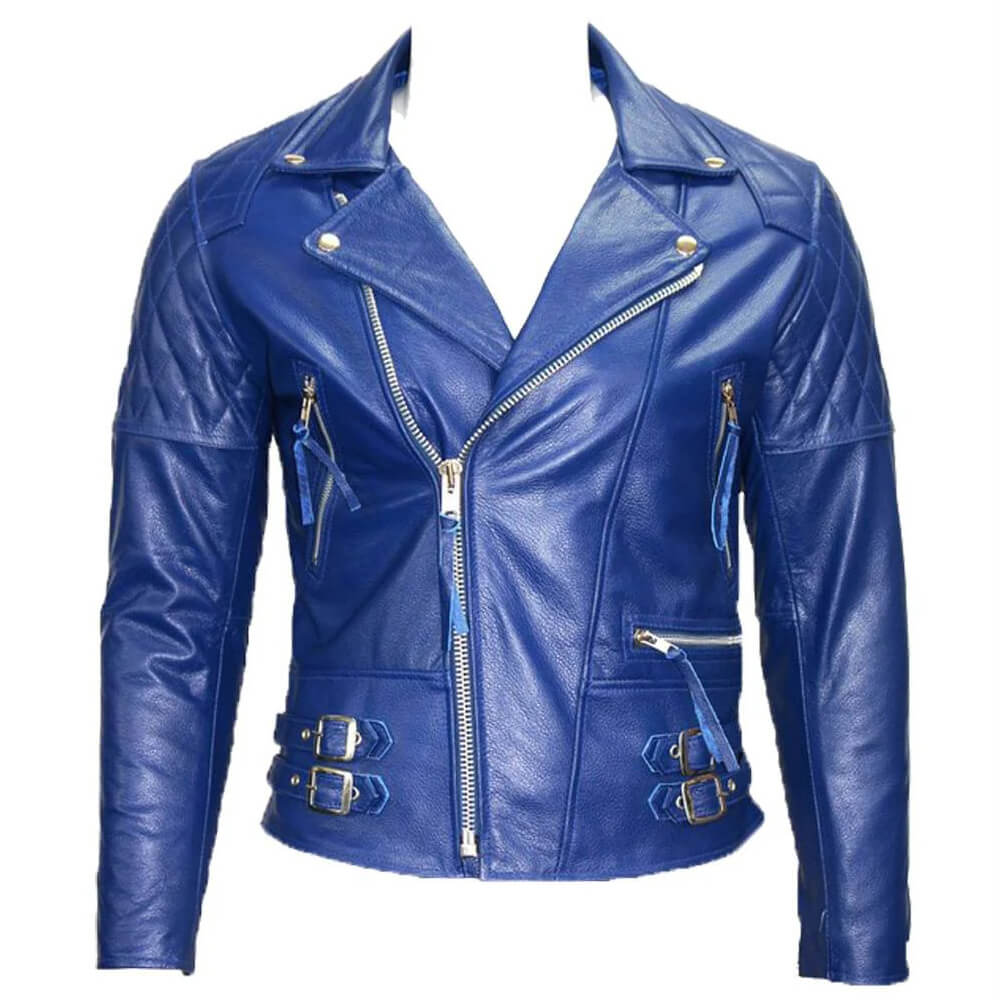 Veste de moto en cuir bleu royal Cafe Racer