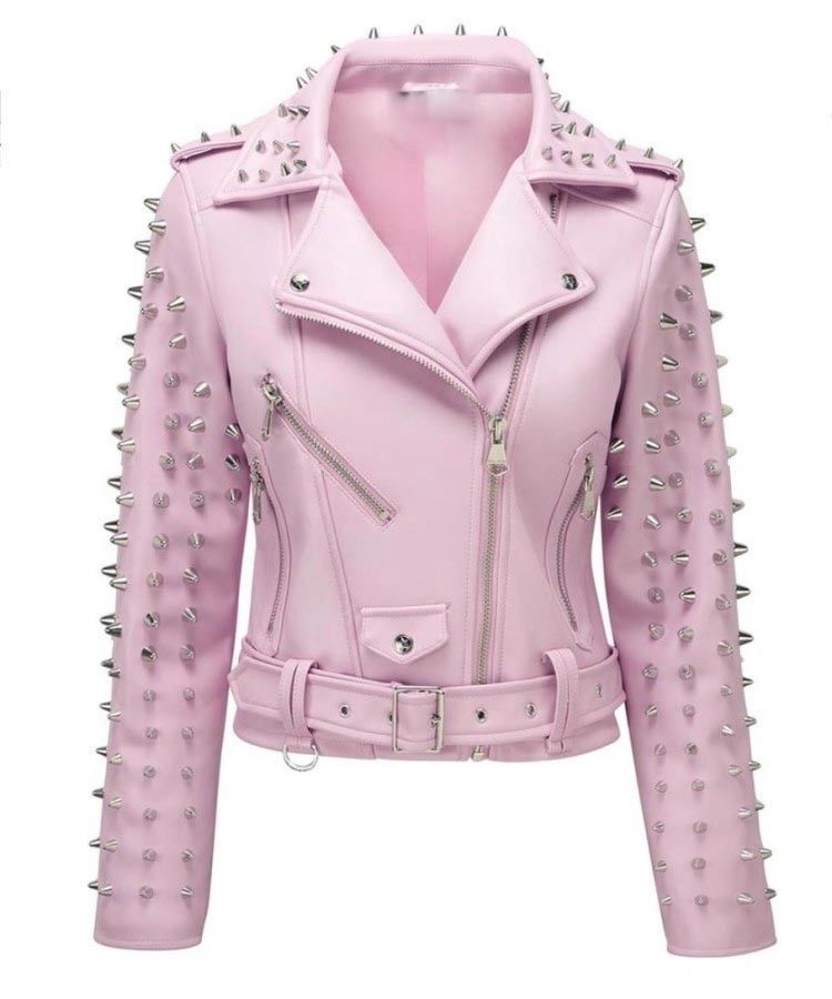 Veste en cuir à clous rose vif