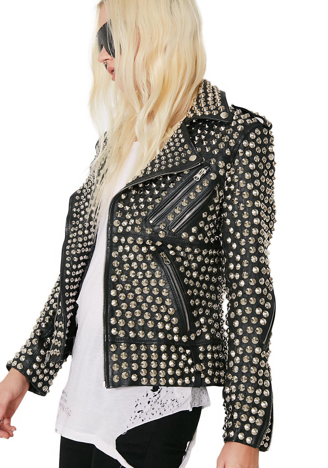 Veste en cuir cloutée argentée pour femme Rock Star