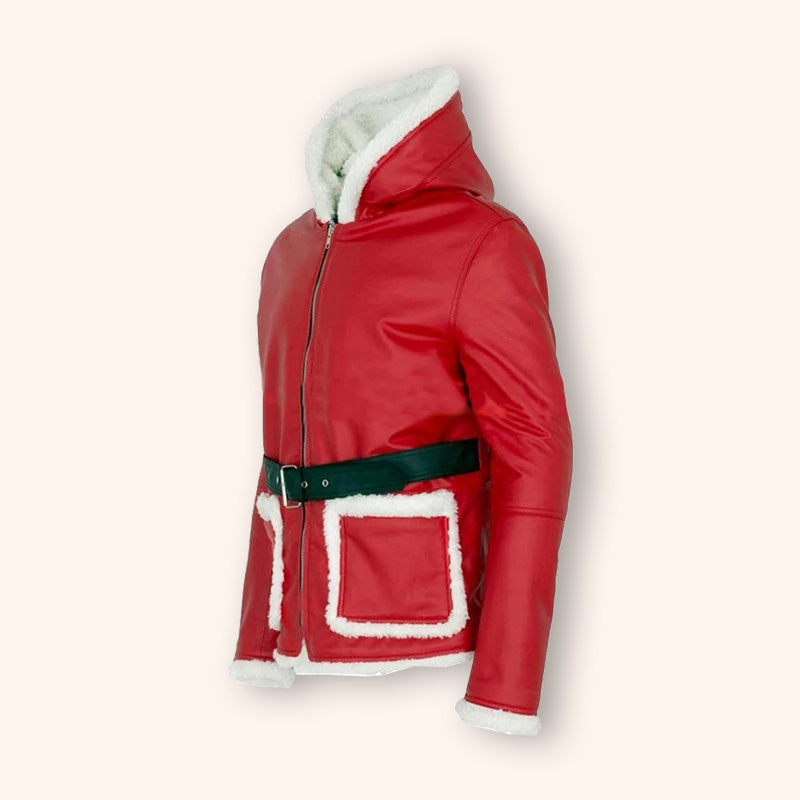 Manteau en cuir rouge à capuche avec bordure en fourrure du Père Noël - Édition de Noël