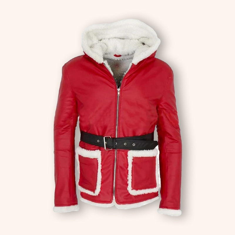 Manteau en cuir rouge à capuche avec bordure en fourrure du Père Noël - Édition de Noël