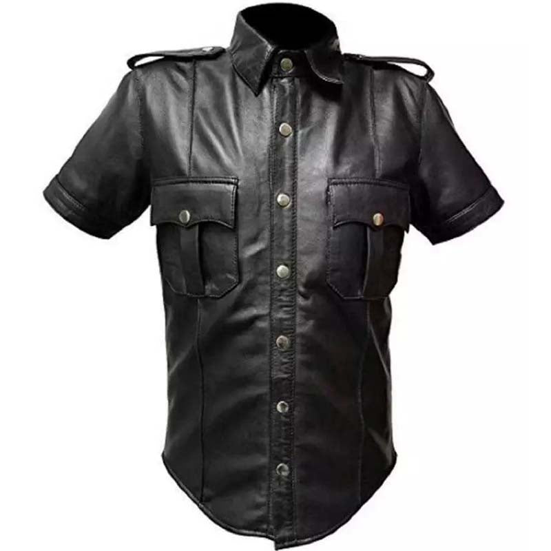 Chemise en cuir de mouton pour homme, uniforme de police sexy