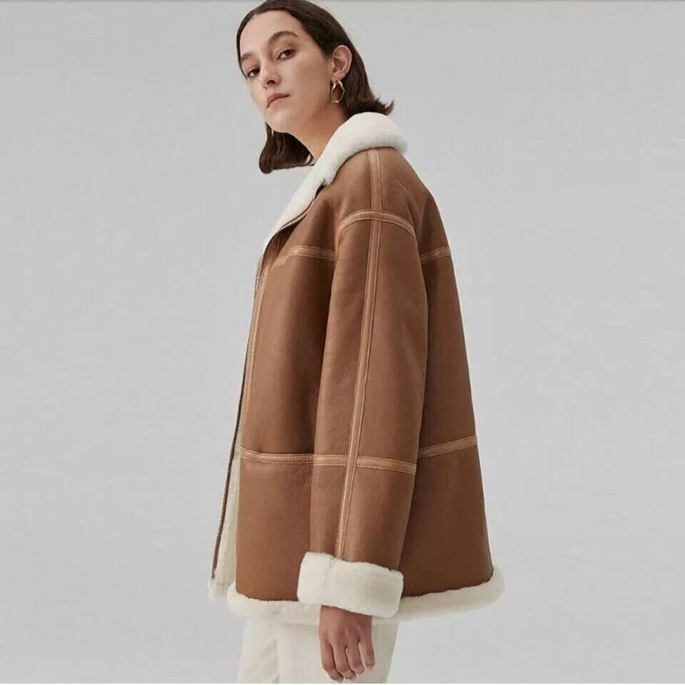 Manteau en peau de mouton véritable marron pour femme