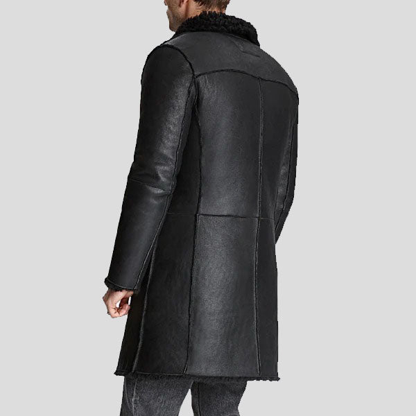 Trench-coat en cuir de mouton noir pour homme