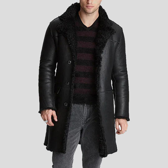 Trench-coat en cuir de mouton noir pour homme