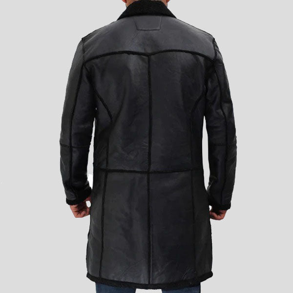 Trench-coat d'hiver en cuir et peau de mouton noir pour homme