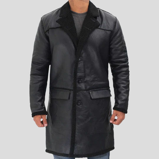 Trench-coat d'hiver en cuir et peau de mouton noir pour homme