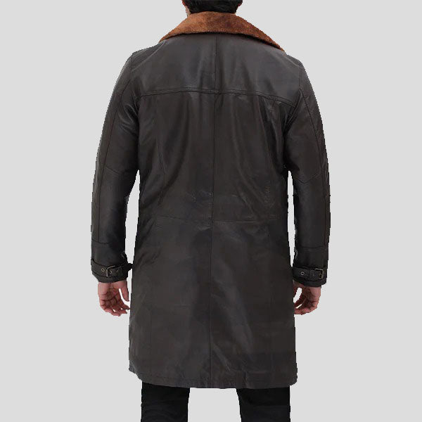 Trench-coat en cuir de mouton retourné marron foncé pour homme