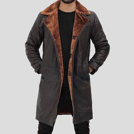 Trench-coat en cuir de mouton retourné marron foncé pour homme