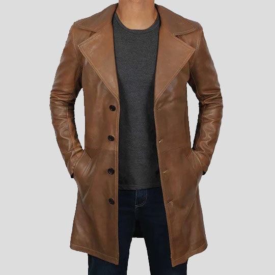 Trench-coat d'hiver en cuir marron vieilli pour homme