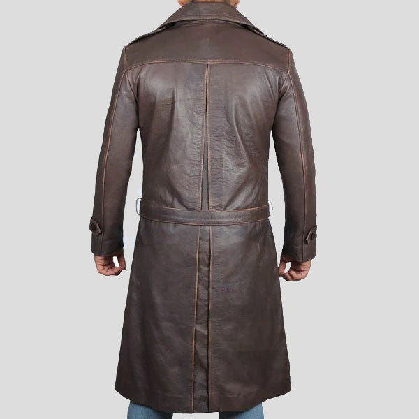 Trench-coat long en cuir marron vieilli pour homme