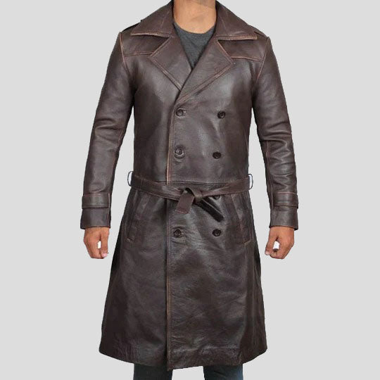 Trench-coat long en cuir marron vieilli pour homme