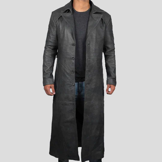 Manteau d'hiver long en cuir noir pour homme