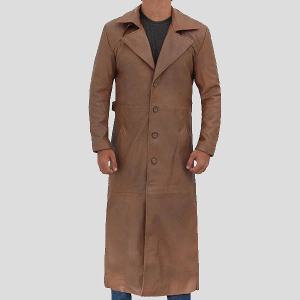 Trench-coat long en cuir marron pour homme