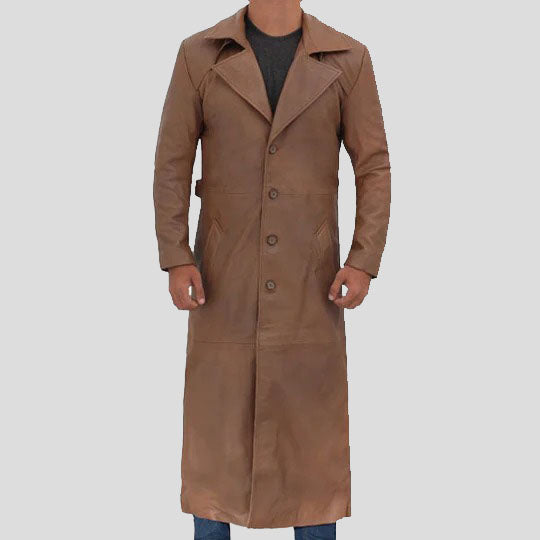 Trench-coat long en cuir marron pour homme