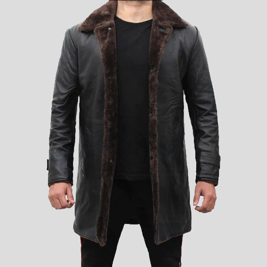 Trench-coat en cuir noir doublé en peau de mouton pour homme