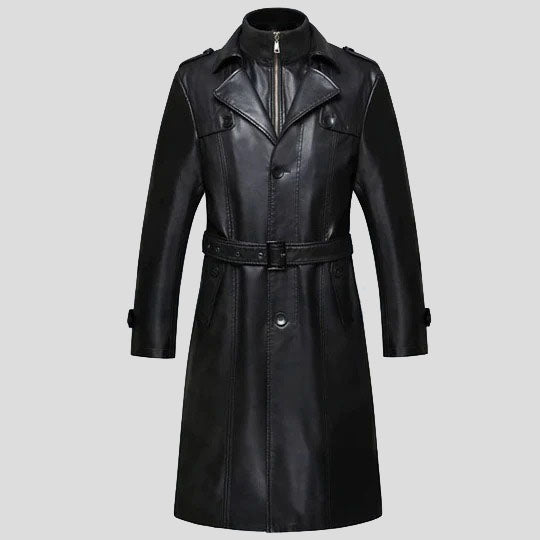 Trench-coat long en cuir de mouton pour homme