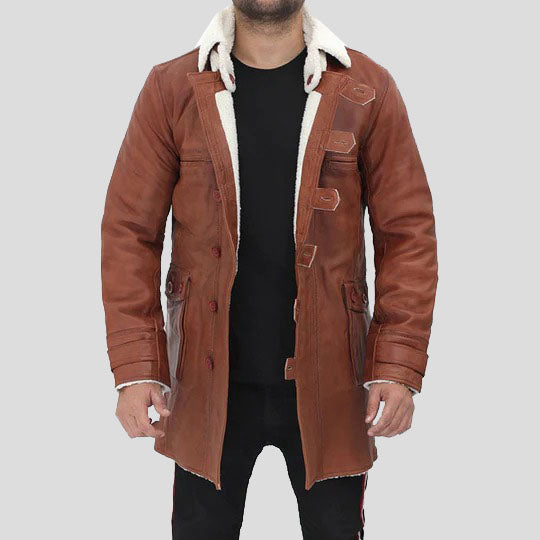 Trench-coat en cuir et peau de mouton pour homme, couleur tan Bane