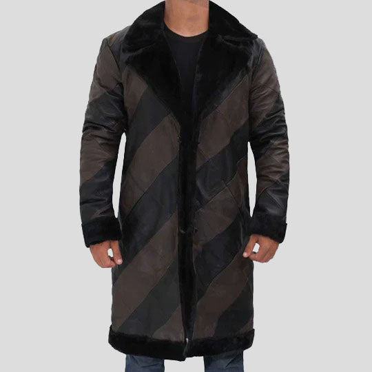 Trench-coat long en cuir de mouton retourné bicolore pour homme